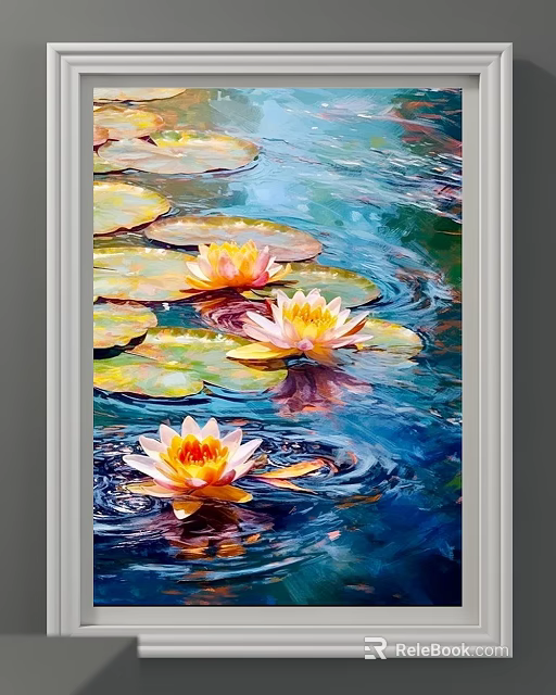 Oil Painting of Water Lilies with Yellow Flowers Green Leaves and Rippled Reflections 3d model 