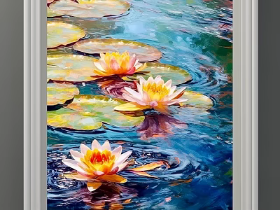 Oil Painting of Water Lilies with Yellow Flowers Green Leaves and Rippled Reflections 3d model