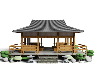 Traditional Style Garden Pavilion With Gray Tiled Roof Wooden Railing Steps And Green Plants Around 3d model