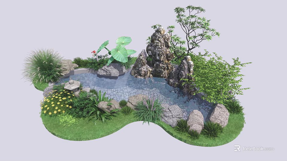 Decorative Garden Ornament with Rockery Small Pond Lotus Leaves and Green Plants 3d model 