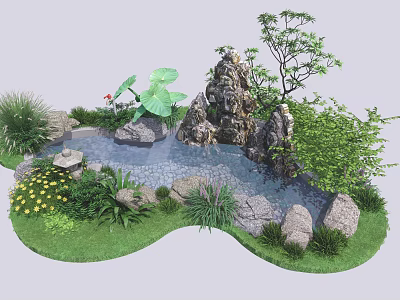 Decorative Garden Ornament with Rockery Small Pond Lotus Leaves and Green Plants 3d model