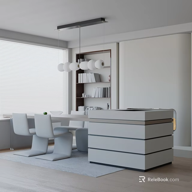 Modern Dining Table Set With White Chairs Pendant Lights Bookshelf And Sideboard 3d model