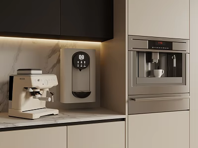 Modern Kitchen Interior Featuring Coffee Machine Water Dispenser And Built In Appliances 3d model