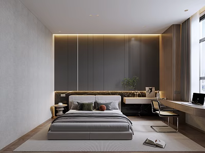 Modern Bedroom Interior Design With Bed Nightstand Desk Chair And Green Plant 3d model