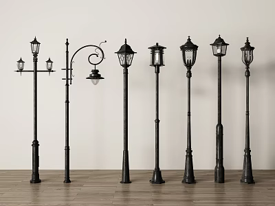 Outdoor Lights Multiple Black Pole Styles With Classic Lantern Shades For Garden 3d model