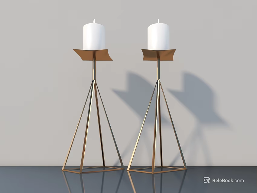 Two Modern Candle Lamps With White Candles And Golden Triangular Stands On Dark Tabletop 3d model 
