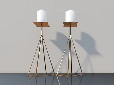 Two Modern Candle Lamps With White Candles And Golden Triangular Stands On Dark Tabletop 3d model