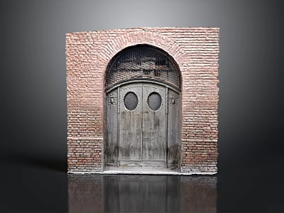 Traditional Brick Archway Building With Wooden Door And Circular Windows 3d model