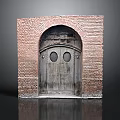 Traditional Brick Archway Building With Wooden Door And Circular Windows