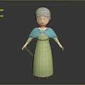 3D Elderly Woman Character With White Hair Green Dress And Turquoise Shawl Holding Cane Standing
