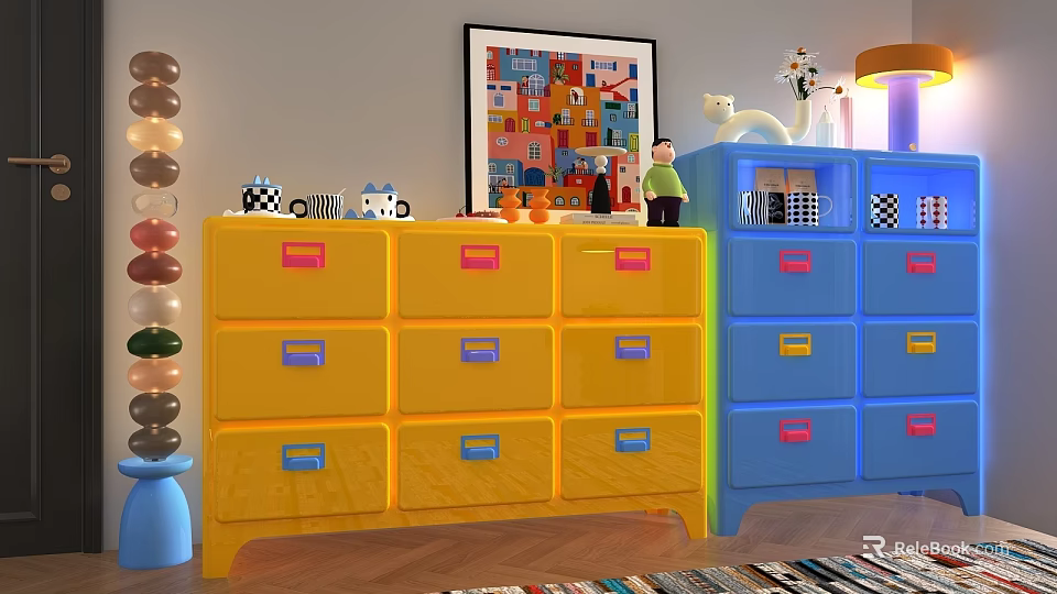 Colorful Entryway Side Cabinet With Yellow Blue Drawers And Decorative Ornaments 3d model 