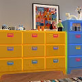 Colorful Entryway Side Cabinet With Yellow Blue Drawers And Decorative Ornaments