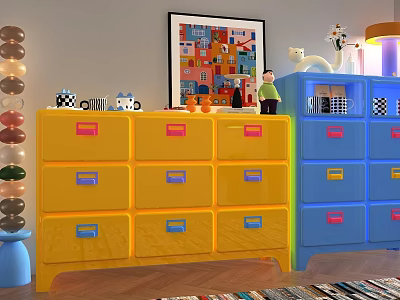 Colorful Entryway Side Cabinet With Yellow Blue Drawers And Decorative Ornaments 3d model