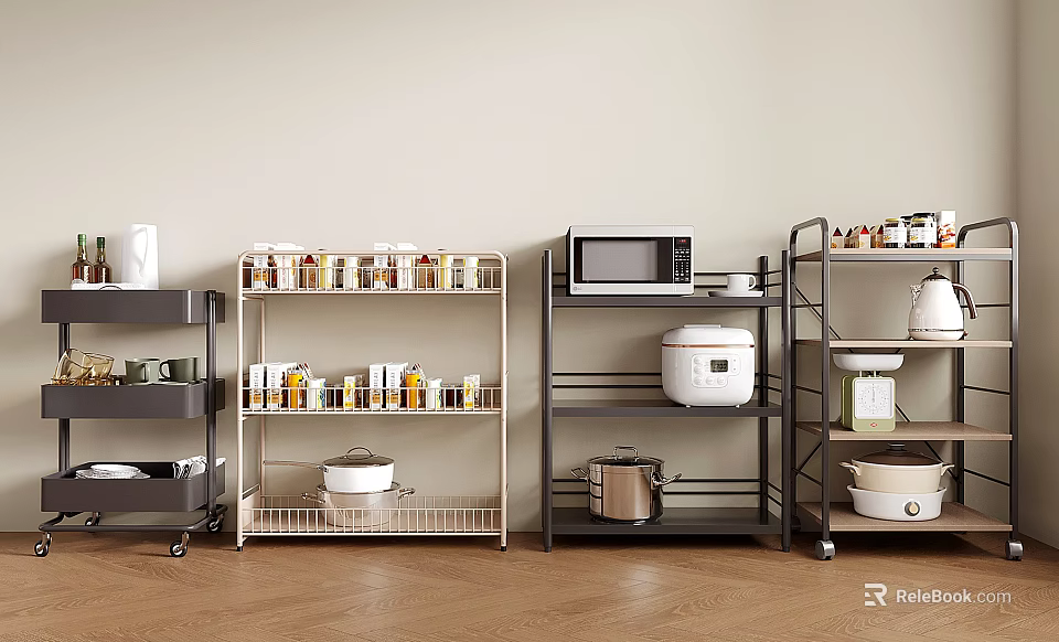 Practical Kitchen Storage Shelves With Jars Microwave Rice Cooker And Pots 3d model 