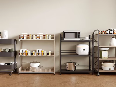 Practical Kitchen Storage Shelves With Jars Microwave Rice Cooker And Pots 3d model