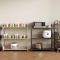 Practical Kitchen Storage Shelves With Jars Microwave Rice Cooker And Pots 3d model