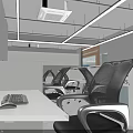 Modern Office Hallway With Wooden Walls Recessed Lighting Tile Flooring And Display Shelves