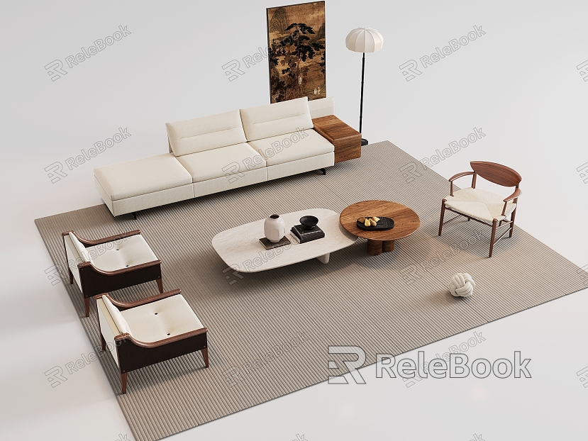 Quiet wind sofa tea table combination multi-person sofa tea table leisure chair floor lamp carpet side table model