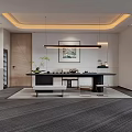Modern Living and Dining Room With Circular Ceiling Lighting Curved Sofa Round Table And Sheer Curtains