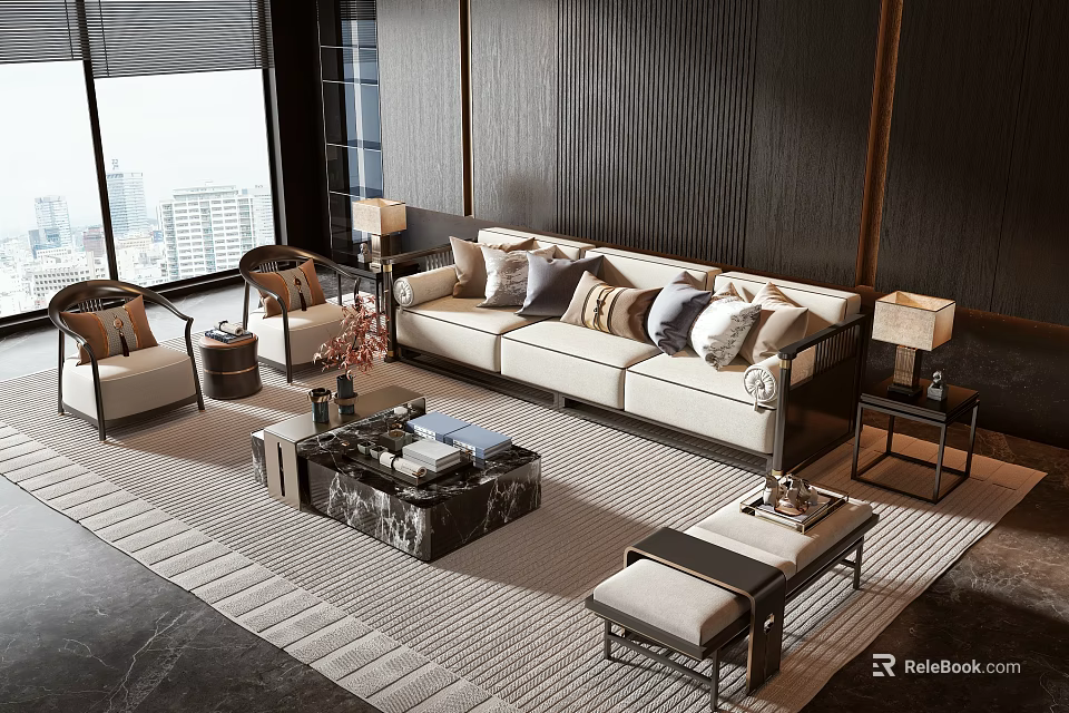 Modern Living Room Sofa Coffee Table Set With Beige Upholstery Marble Top And Decorative Cushions 3d model 