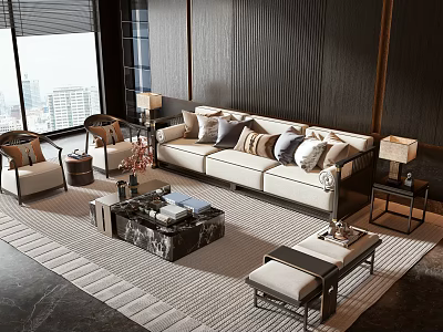 Modern Living Room Sofa Coffee Table Set With Beige Upholstery Marble Top And Decorative Cushions 3d model