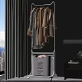 White Clothes Rack With Light Colored Clothes Near Window Curtain Table Lamp And Vase