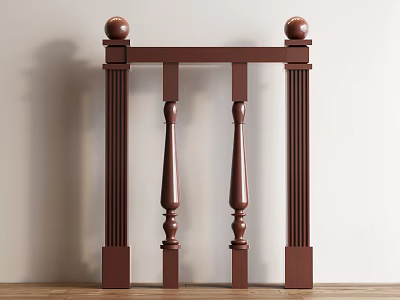 Classic Brown Wooden Balustrade Featuring Spherical Finials Carved Columns White Wall And Wooden Floor 3d model