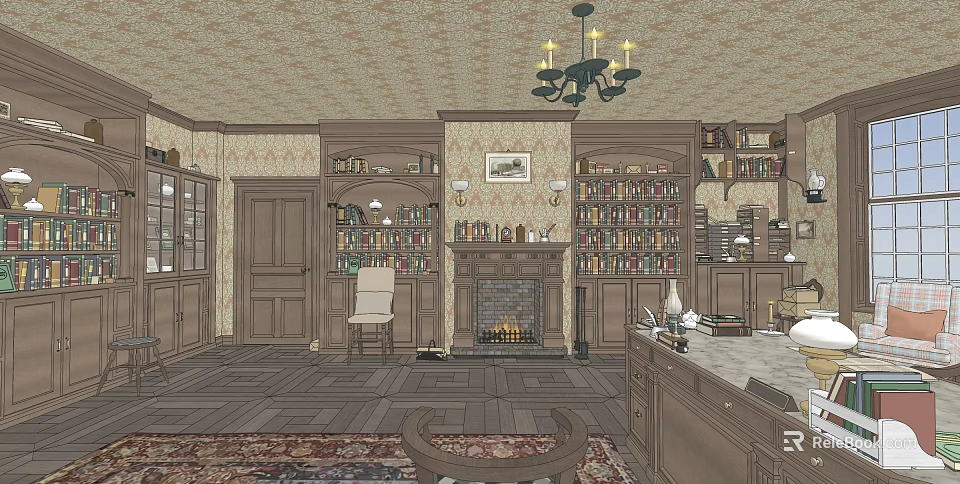 Vintage Office Interior With Wooden Bookshelves Fireplace Chandelier Desk Chair And Area Rug 3d model 