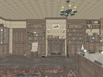 Vintage Office Interior With Wooden Bookshelves Fireplace Chandelier Desk Chair And Area Rug 3d model