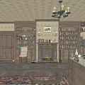 Vintage Office Interior With Wooden Bookshelves Fireplace Chandelier Desk Chair And Area Rug