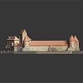Medieval Castle Model Architecture with Red Roof Towers and Courtyard Design