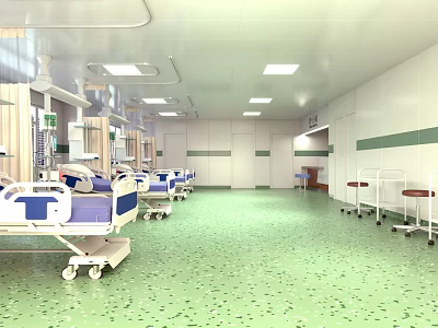 Hospital Ward Interior With Multiple Medical Beds Equipment Green Floor And Ceiling Lights 3d model