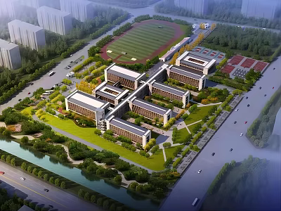 Modern School Buildings With Connected Structures Green Lawns Sports Field And Trees 3d model