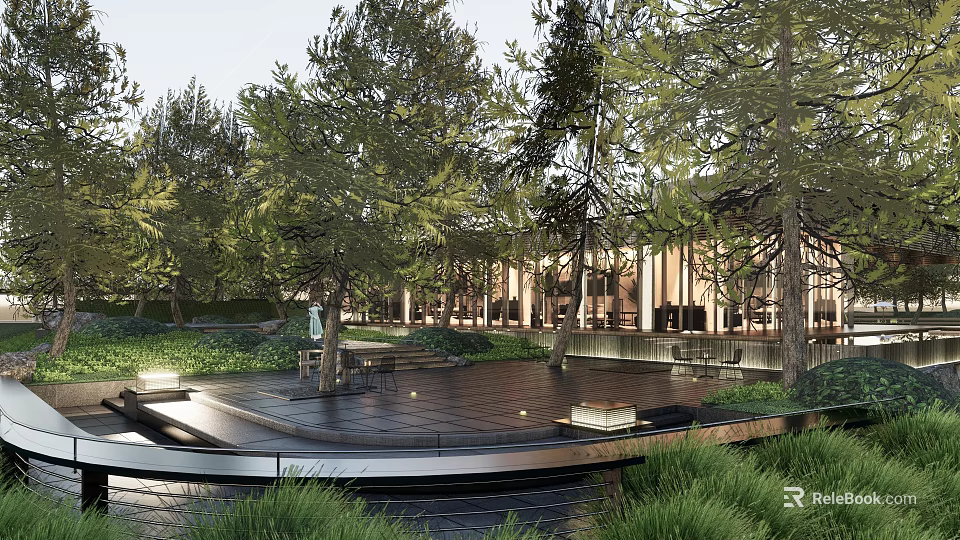 Serene Garden Landscape With Lush Trees Wooden Platform Grass Traditional Pavilion Lighting and People Walking 3d model 