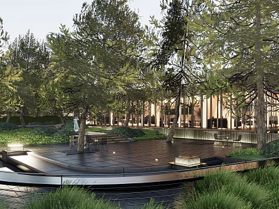 Serene Garden Landscape With Lush Trees Wooden Platform Grass Traditional Pavilion Lighting and People Walking 3d model
