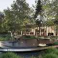 Serene Garden Landscape With Lush Trees Wooden Platform Grass Traditional Pavilion Lighting and People Walking