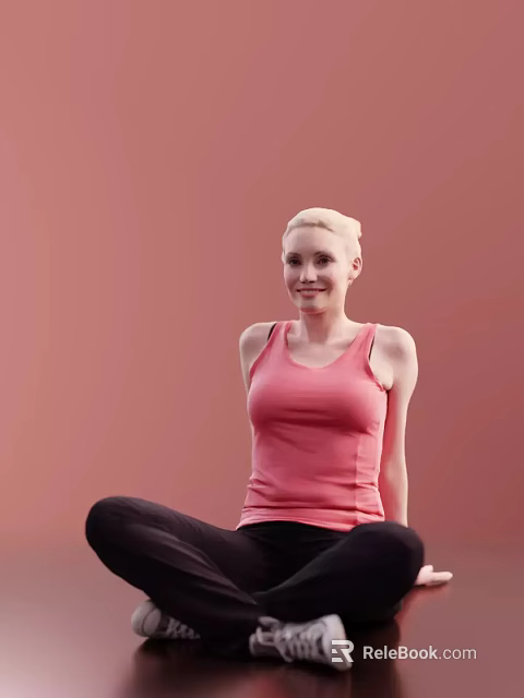 Woman Sitting Cross-Legged In Pink Tank Top And Black Pants Against Pink Background 3d model 