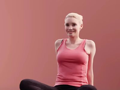 Woman Sitting Cross-Legged In Pink Tank Top And Black Pants Against Pink Background 3d model