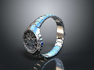 Sleek Modern Watch With Metallic Blue Strap And Detailed Dial Design 3d model