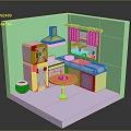 Colorful Kitchen Scene With Refrigerator Stove Sink Table Curtains And Trash Bin