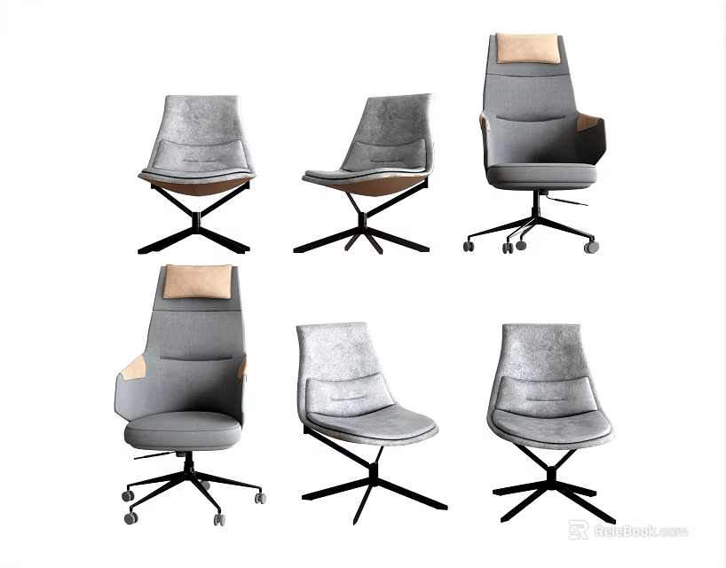 Modern Office Chairs In Gray Fabric With Various Designs Including Wheels And Metal Bases 3d model 