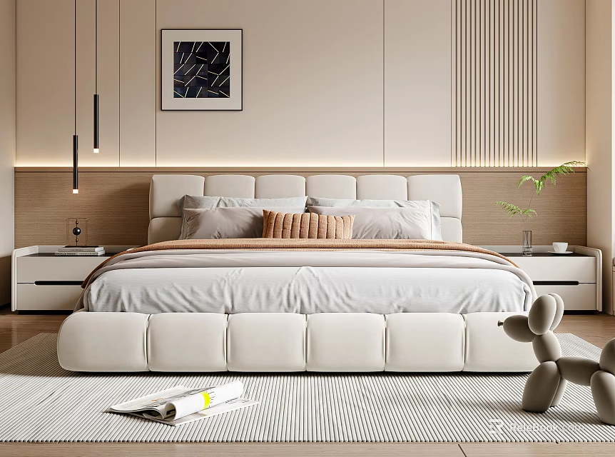 Modern Double Bed With Soft Upholstered Headboard Pillows Nightstands Pendant Lights And Rug 3d model 