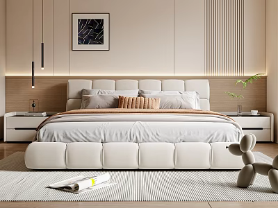 Modern Double Bed With Soft Upholstered Headboard Pillows Nightstands Pendant Lights And Rug 3d model