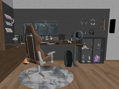 Modern Gaming Desk Setup With Dual Monitors Office Chair Display Shelves And Rug 3d model