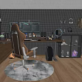 Modern Gaming Desk Setup With Dual Monitors Office Chair Display Shelves And Rug