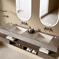 Modern Wall Mounted Bathroom Vanity With Marble Countertop Double Sinks Mirrors And Towels