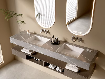 Modern Wall Mounted Bathroom Vanity With Marble Countertop Double Sinks Mirrors And Towels 3d model