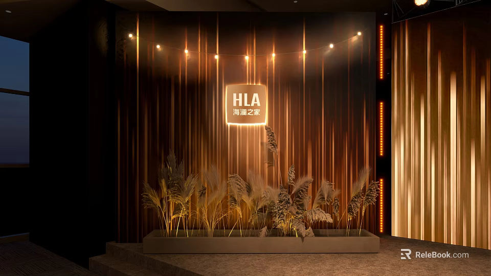 HLA Store Entrance Display With Golden Curtains String Lights And Plant Decorations 3d model 