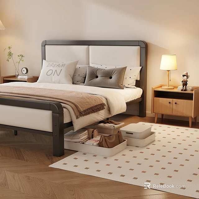 Modern Bedroom Interior With Upholstered Bed Pillows Storage Boxes Nightstand Table Lamp And Rug 3d model 