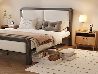 Modern Bedroom Interior With Upholstered Bed Pillows Storage Boxes Nightstand Table Lamp And Rug 3d model